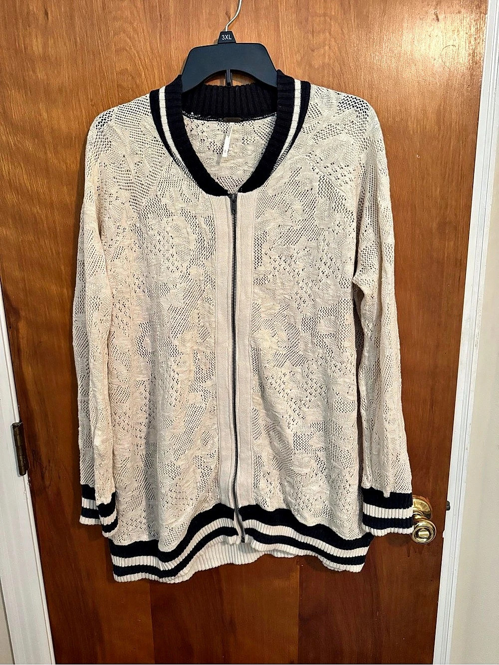 Free People Crochet Trim Bomber Jacket Cardigan Cream & Black